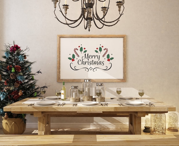 Comedor navideño con marco de póster de maqueta y árbol de navidad