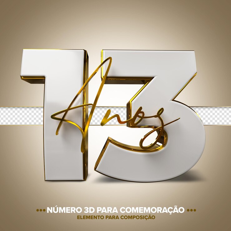 PSD comemoração de 13 anos número 3d branco e dourado