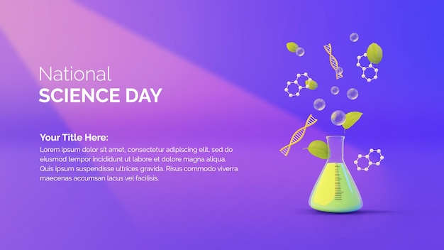 Comemore o dia nacional da ciência com um frasco químico e equipamento de laboratório em um fundo azul