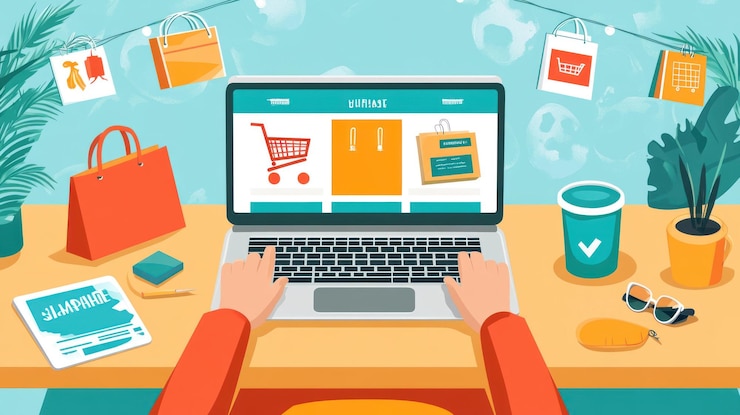 PSD comerciante en línea de comercio electrónico que utiliza una computadora portátil para comprar productos