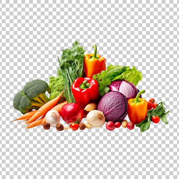 Comestibles y verduras frescas aisladas sobre un fondo transparente.