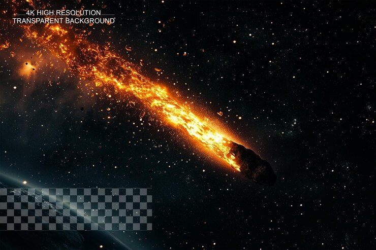 PSD un cometa un asteroide un meteorito cae al suelo en un fondo transparente