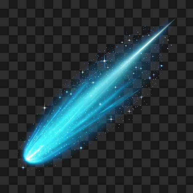 Cometa blu con coda luminosa e luce scintillante su sfondo trasparente PNG