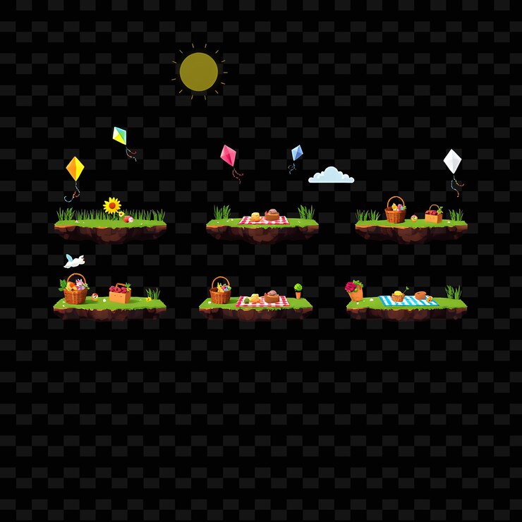 PSD las cometas de pixel, las cestas de picnic, las mantas a cuadros, el cielo soleado, las cometas que vuelan alto, el juego de picnic bask.