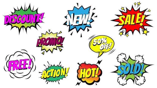 Comic-Stil Verkauf und Promo-Label Rabatt Neue kostenlose Hot-Angebote Vektor-Set