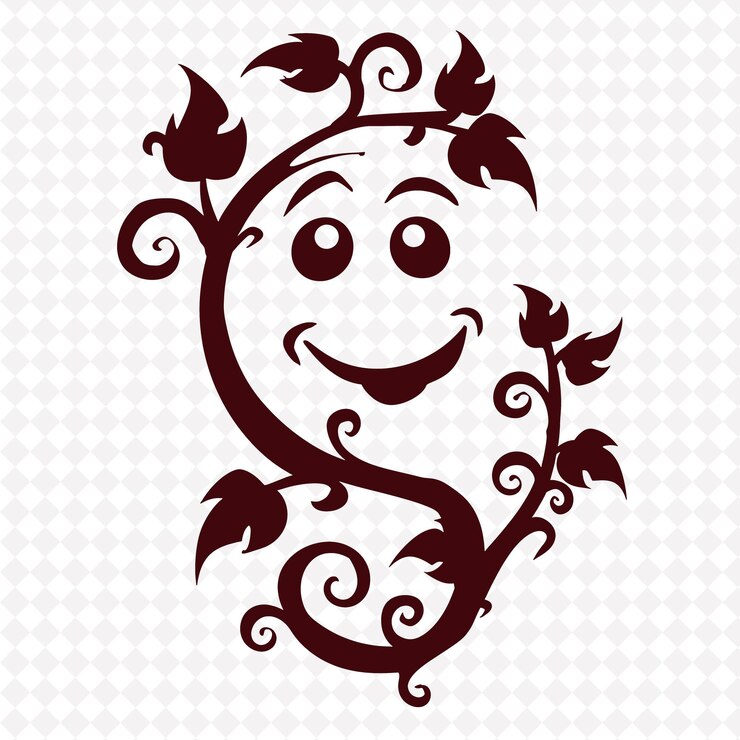 PSD comical ivy smiley face logo con espressione decorativa e disegni vettoriali vegetali creativi