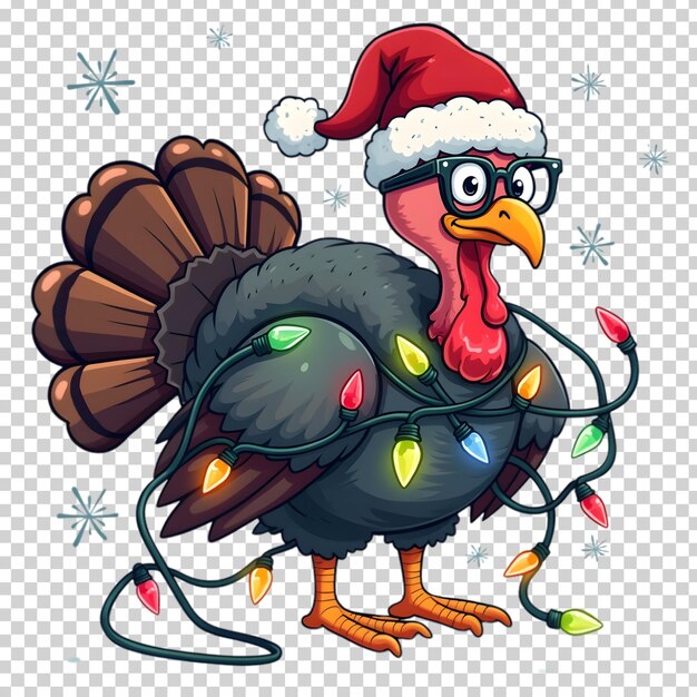 Comical Santa Turkey com óculos de nerd emaranhados na luz de Natal Flocos de neve em fundo transparente