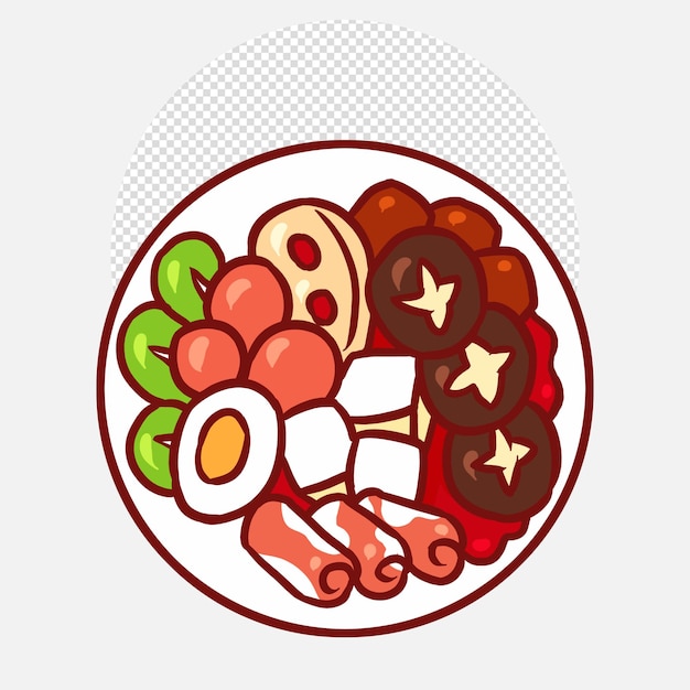 Comida coreana chinesa de design plano desenhada à mão com cogumelos, tofu, ovos, vegetais verdes e carto de carne