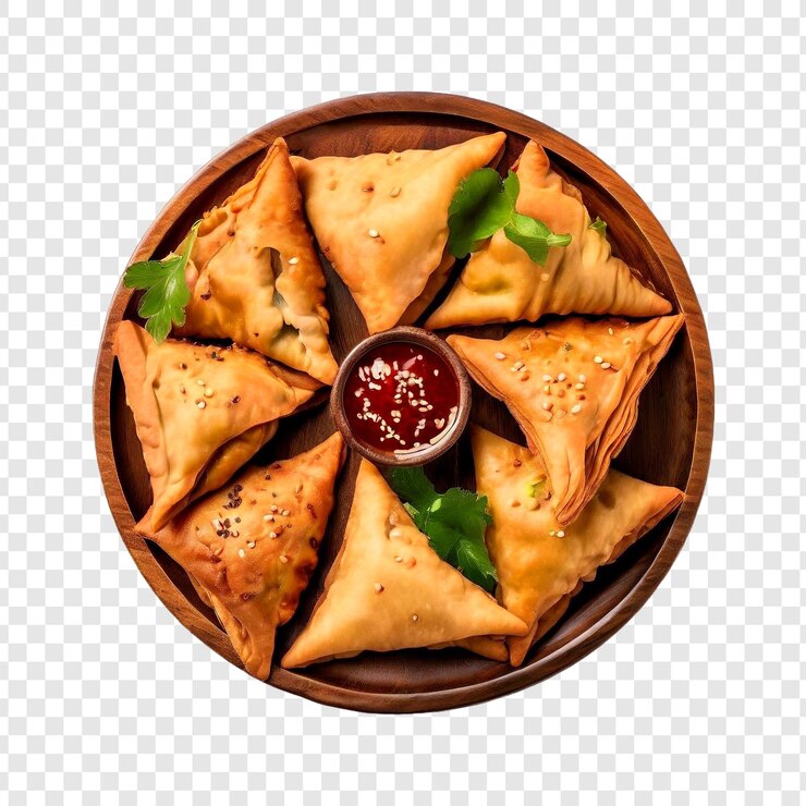 PSD comida de samosa saborosa e crocante em bandeja de madeira, vista de cima com fundo transparente
