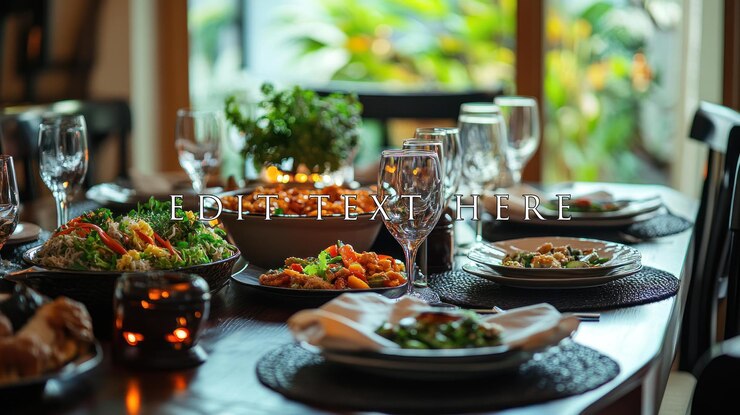 PSD comida deliciosa em uma mesa de jantar rústica preparada para uma refeição com copos de vinho e velas