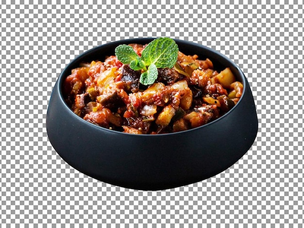 Comida em uma tigela com um raminho de hortelã em fundo transparente