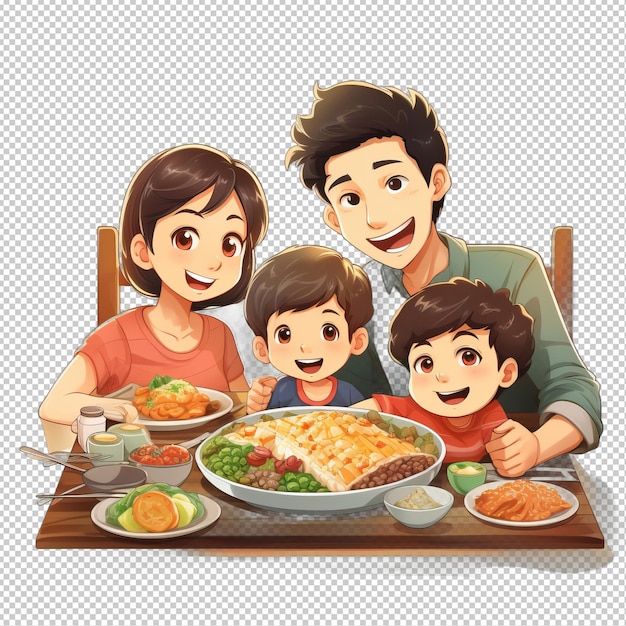 PSD comida de familia asiática en 3d estilo de dibujos animados fondo transparente iso