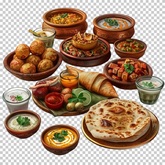 PSD comida india paneer roti nan cocina india arroz thali indio aislado sobre un fondo transparente