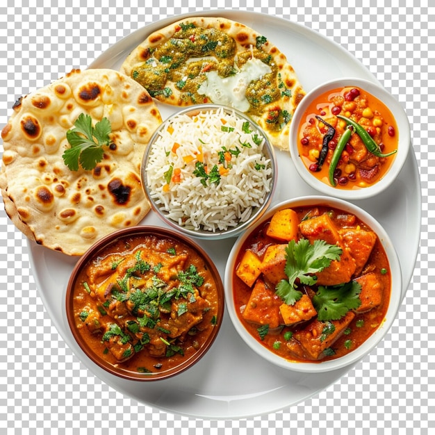 PSD comida india paneer roti nan cocina india arroz thali indio aislado sobre un fondo transparente