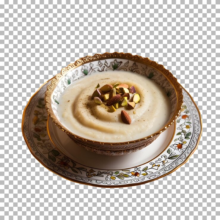 PSD comida india picante kheer con nueces de fondo transparente