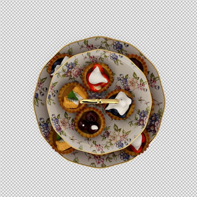 Comida isométrica en placa render 3D