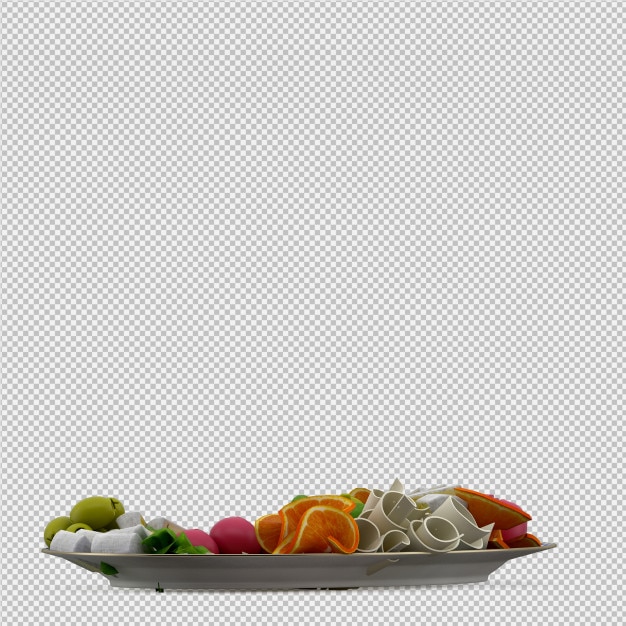 Comida isométrica en placa render 3D