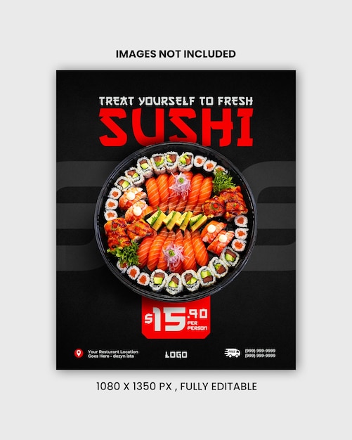 Comida japonesa y restaurante de sushi Medios sociales Post Design PSD.