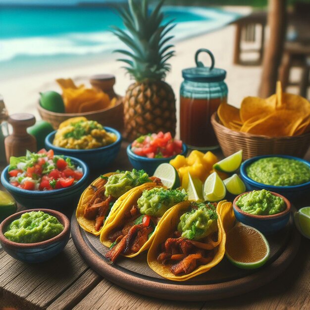 PSD comida mexicana enchilada con guacamole en el bar de bach en el póster de vacaciones al atardecer