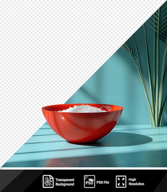 PSD comida mujaddara em uma tigela vermelha senta-se em uma mesa brilhante contra uma parede azul lançando uma sombra