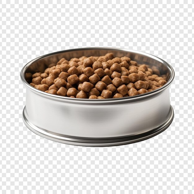 Comida para perros en recipiente de acero aislado sobre fondo transparente