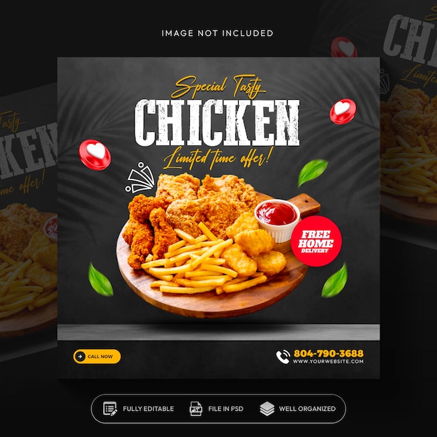 Comida de pollo frito promoción en las redes sociales y diseño de plantillas de publicaciones de banners en instagram