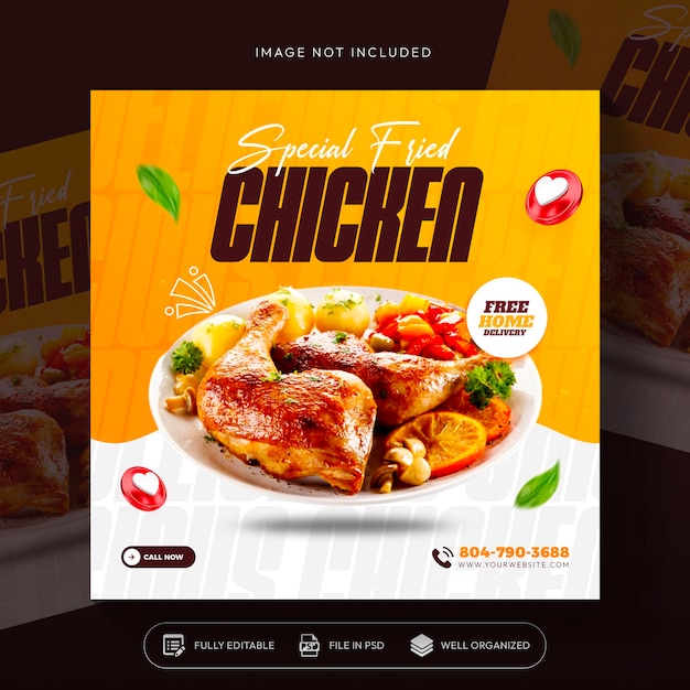 Comida de pollo frito promoción en las redes sociales y diseño de plantillas de publicaciones de banners en instagram