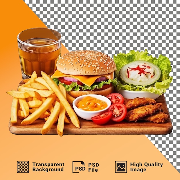 PSD comida rápida delius con hamburguesas fritas y bebidas frías aisladas sobre un fondo transparente png