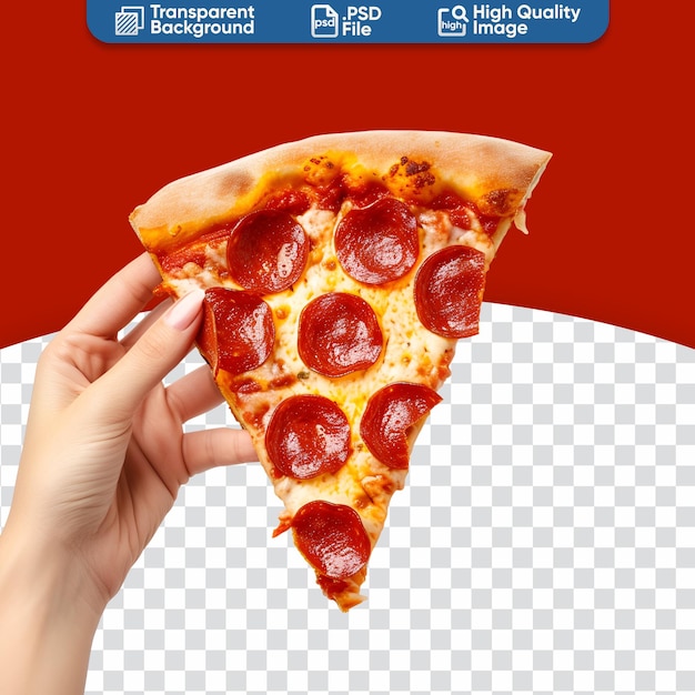 Comida rápida en foco una foto en primer plano de la mano de una mujer sosteniendo una rebanada de pizza de pepperoni