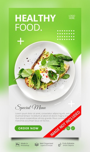 Comida saludable nuevo menú estilo minimalista con plantilla de banner de historias de redes sociales de color verde blanco