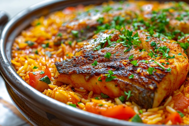 Comida senegalesa thieboudienne arroz cocido y pescado con verduras sobre un fondo transparente