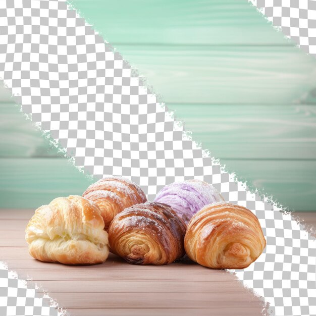 PSD comida en el suelo de madera específicamente rosquillas croissant fondo transparente