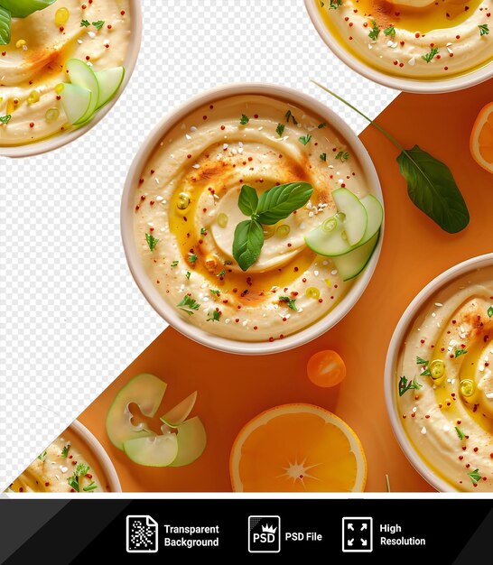 Comida única de hummus servida en cuencos blancos en una mesa naranja adornada con hojas verdes