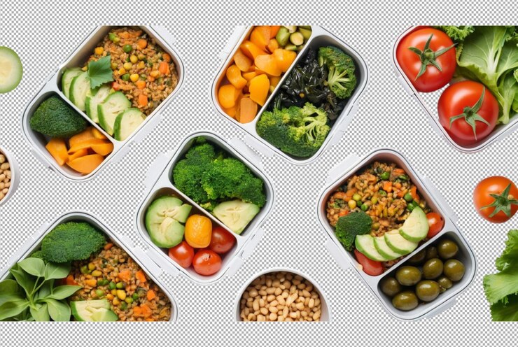 PSD comida vegana casera en cajas de almuerzo con verduras saludables frescas de abo