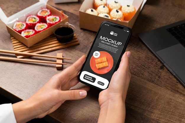 PSD commande de sushi et maquette de smartphone