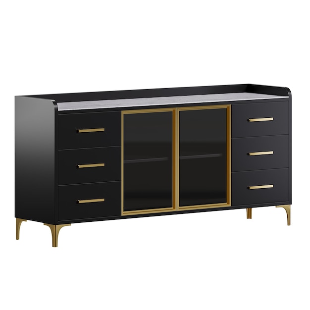 Une commode noire avec des poignées en or et des portes en verre La commode est en bois et a un design moderne