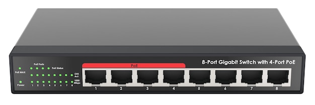 Commutateur Gigabit à 8 ports avec rendu 3D PoE à 4 ports isolé sur un fond transparent