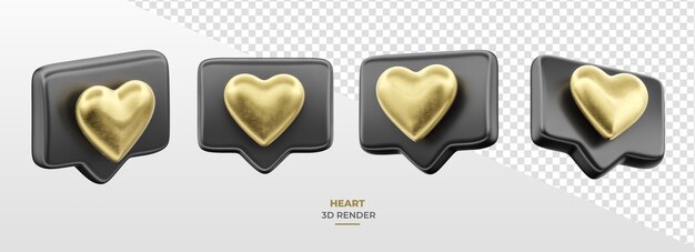 Como corazón negro y dorado en 3D Render en diferentes perspectivas con fondo transparente