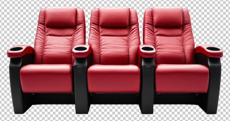 PSD comodas sillas reclinables rojas para cines domésticos aisladas sobre un fondo transparente