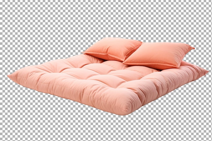 PSD un cómodo conjunto de ropa de cama rosa exhibido en una superficie suave en un interior acogedor del dormitorio