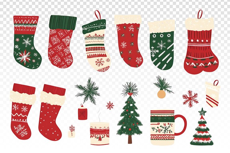PSD cómodos artículos esenciales de navidad, guantes, árboles, papá noel y tazas.