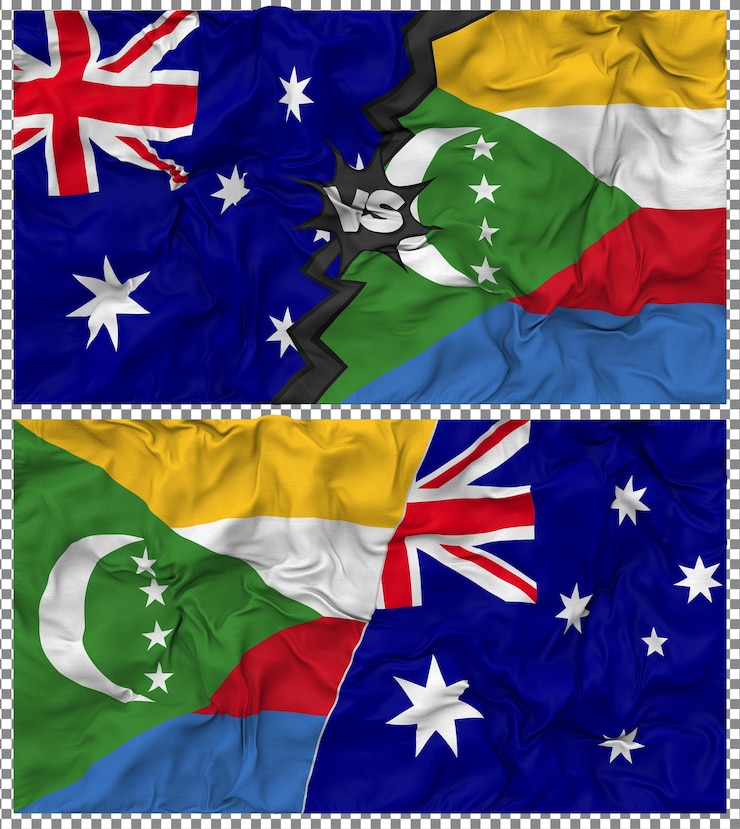 PSD comoras contra australia media bandera combinada con textura en 3d