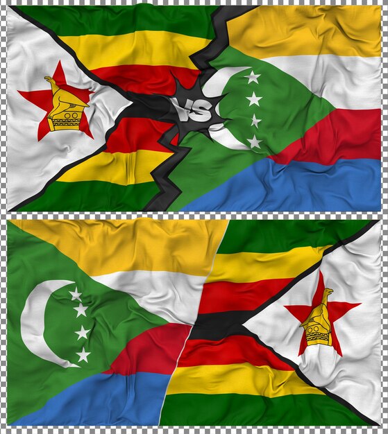 Comoras contra Zimbabue Media bandera combinada Texturas de golpes Relación bilateral Renderizado en 3D