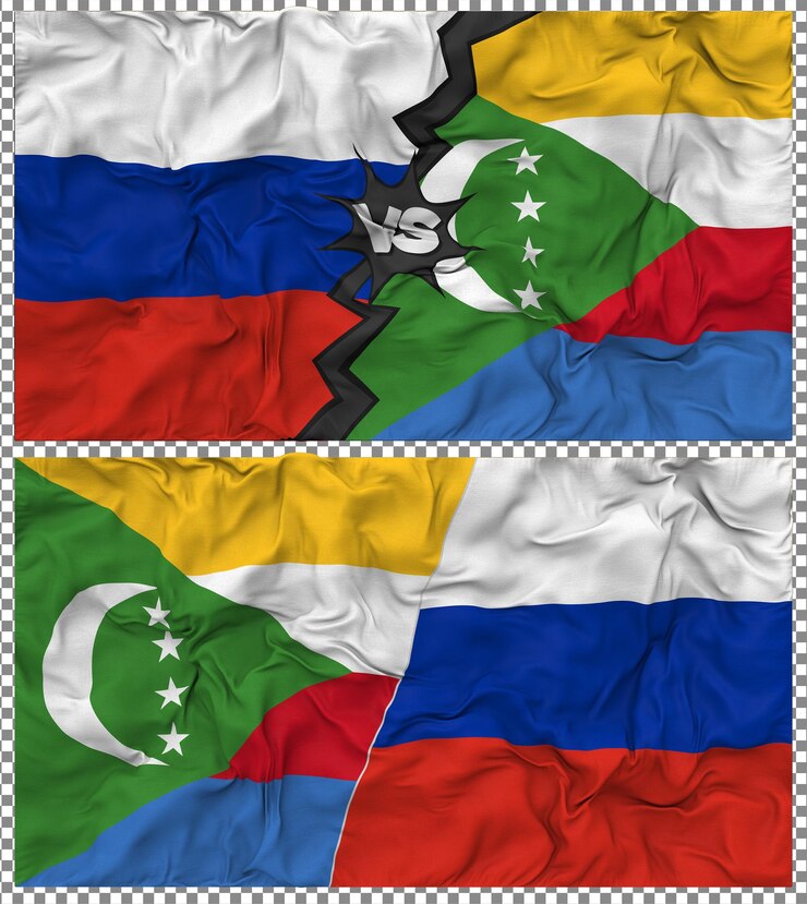 PSD comores vs rússia meia bandeira combinada textura de tecido de bump renderização 3d