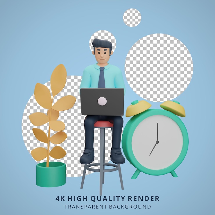 PSD company employees at work using laptops 3d character illustration