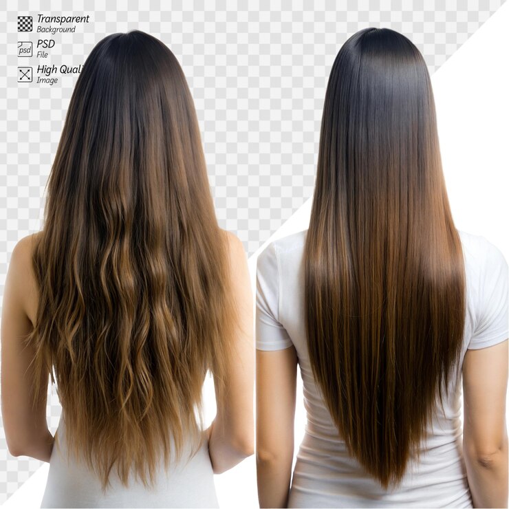 PSD comparación de cabello largo no tratado y tratado en una mujer