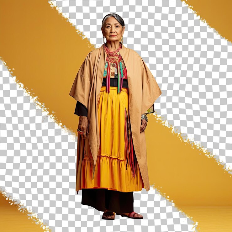 PSD una compasiva mujer de mediana edad con pelo corto de la etnia nativa americana vestida con ropa de costura posa en un estilo de pie con un pie adelante contra un amarillo pastel
