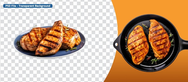 PSD compilation de poulet grillé vue d'oiseau sur la casserole et vue de profil sur l'assiette