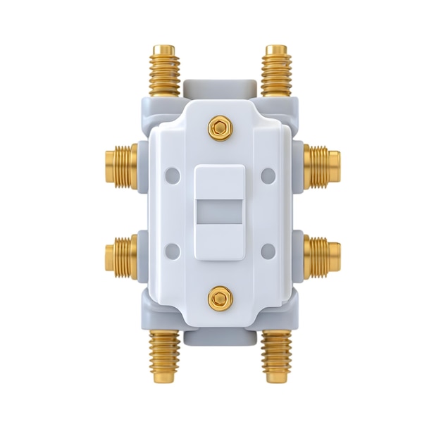 Componente de interruptor elétrico com conectores de latão isolados em equipamento industrial de fundo branco