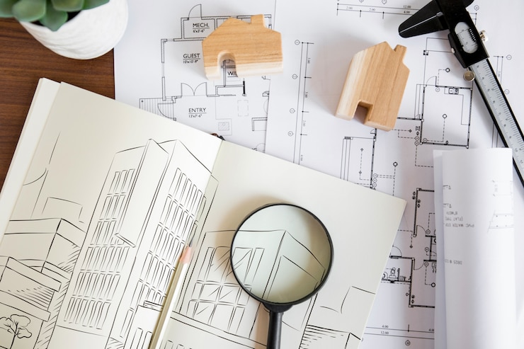PSD composição de arquitetura com maquete de papel e lupa